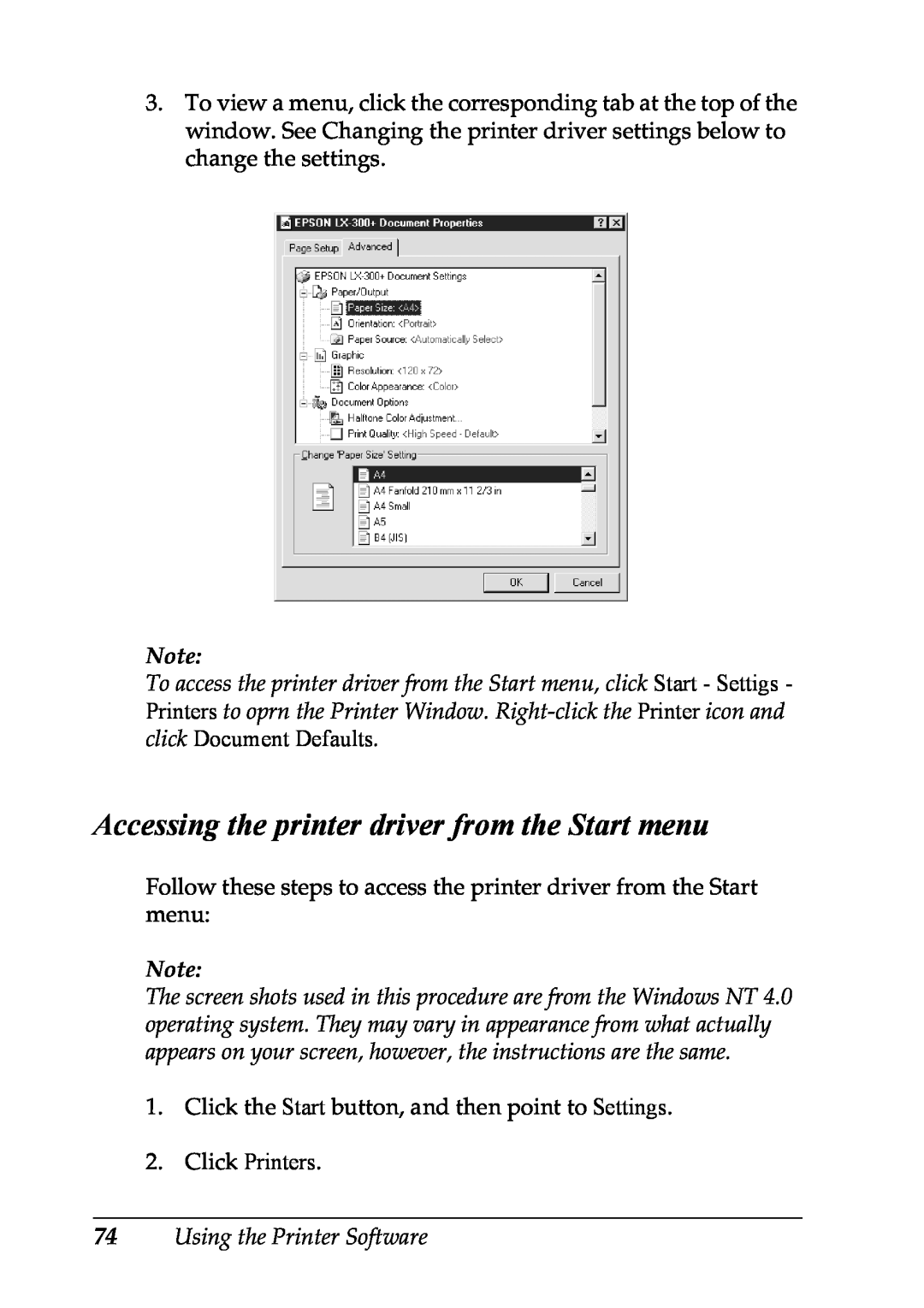 Epson LX-1170 manual Accessing the printer driver from the Start menu, Using the Printer Software 