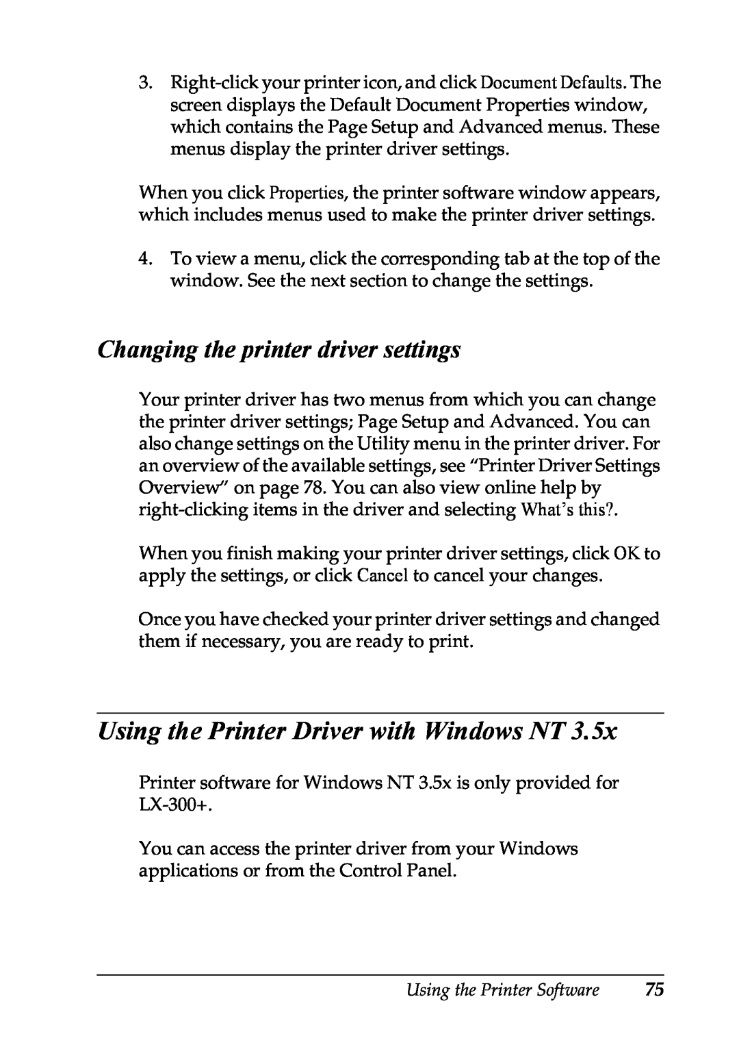 Epson LX-1170 manual Using the Printer Driver with Windows NT, Changing the printer driver settings 