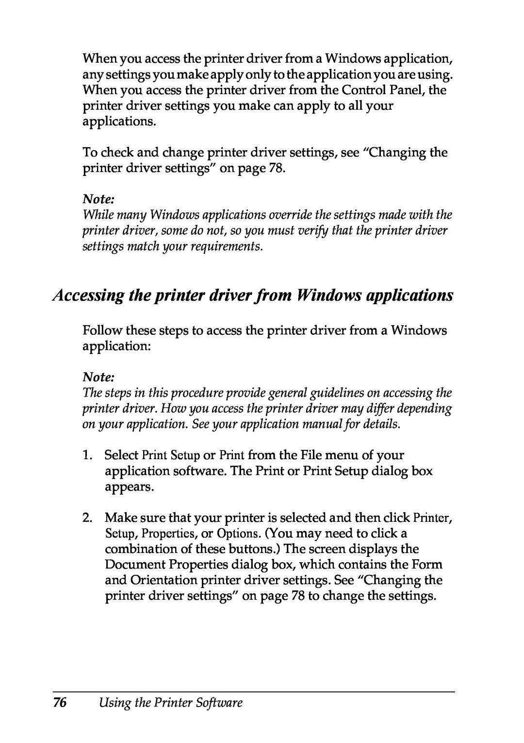 Epson LX-1170 manual Accessing the printer driver from Windows applications, Using the Printer Software 