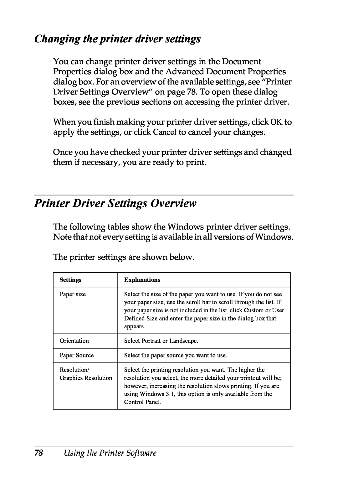 Epson LX-1170 manual Printer Driver Settings Overview, Changing the printer driver settings, Using the Printer Software 