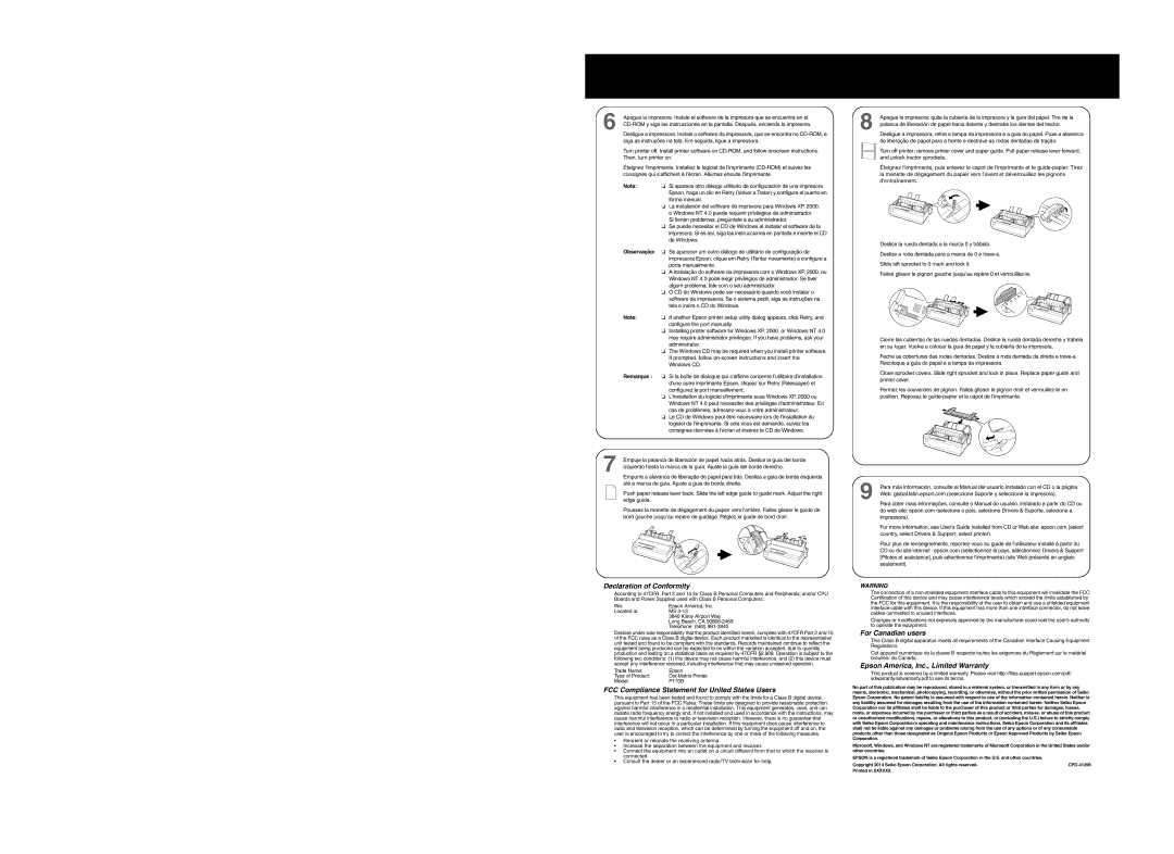 Epson lx-300II setup guide Nota, Observação, Remarque 