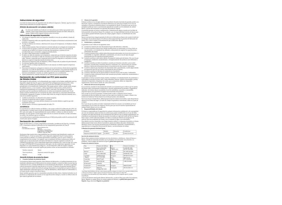 Epson lx-300II setup guide Declaración de conformidad, Símbolo de precaución con piezas calientes 