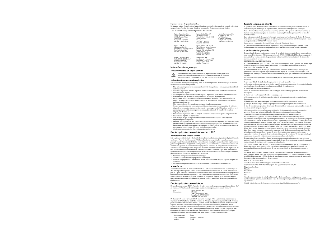 Epson lx-300II setup guide Instruções de segurança, Declaração de conformidade com a FCC, Suporte técnico ao cliente 