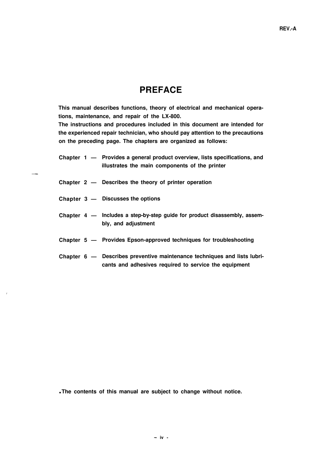 Epson LX-800 technical manual Preface 