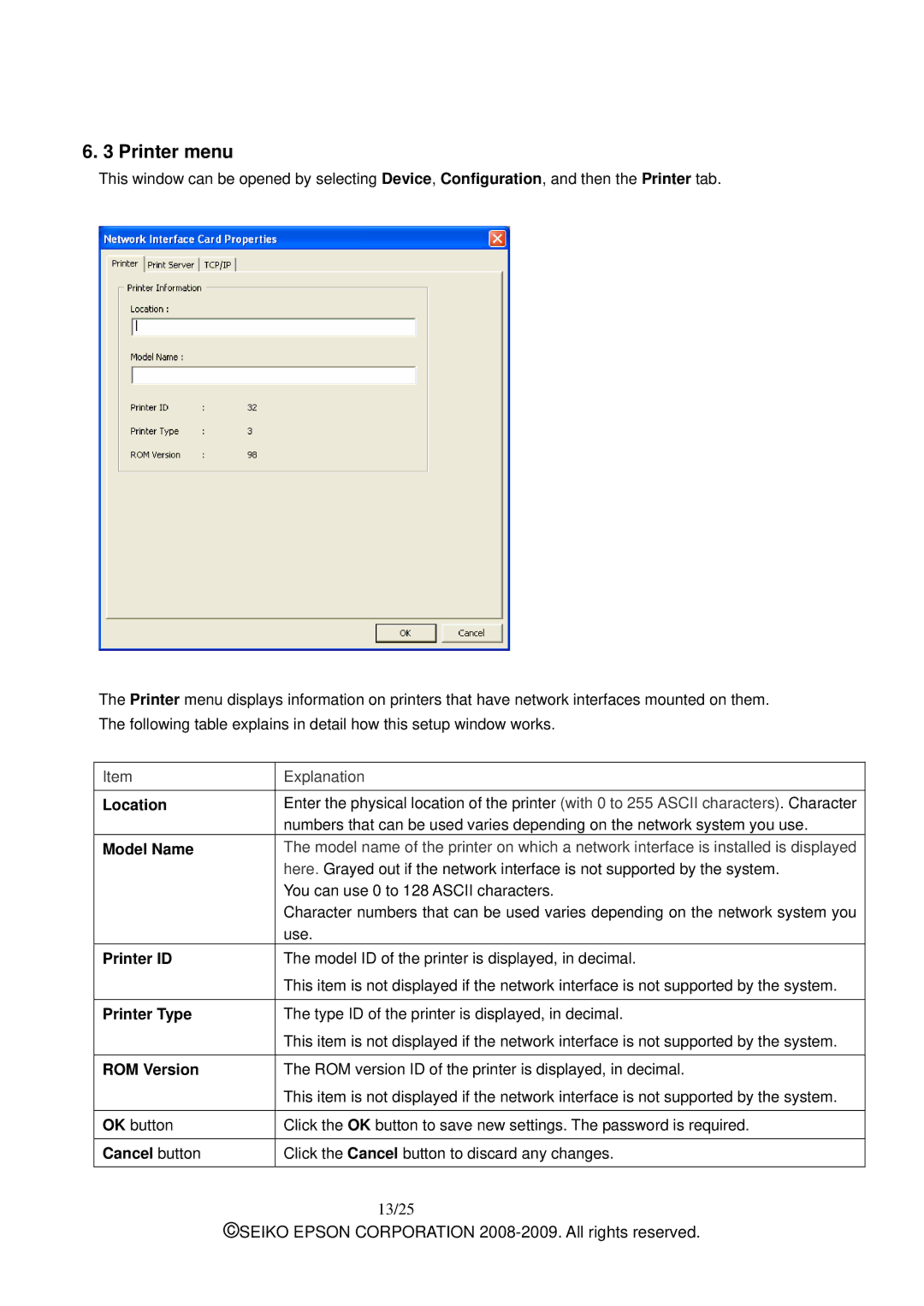 Epson M00001901 manual Printer menu, Model Name 