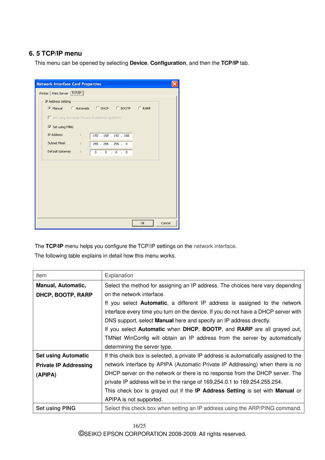 Epson M00001901 manual TCP/IP menu, Set using Ping 