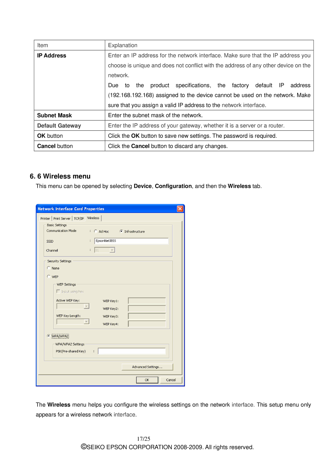 Epson M00001901 manual Wireless menu, Default Gateway 