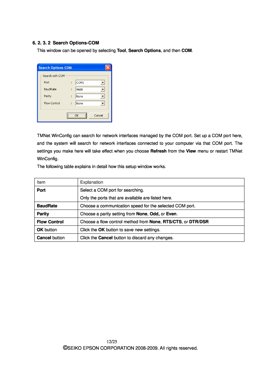 Epson M00001901 manual 6. 2. 3. 2 Search Options-COM, 12/25, Port BaudRate Parity Flow Control, Cancel button 