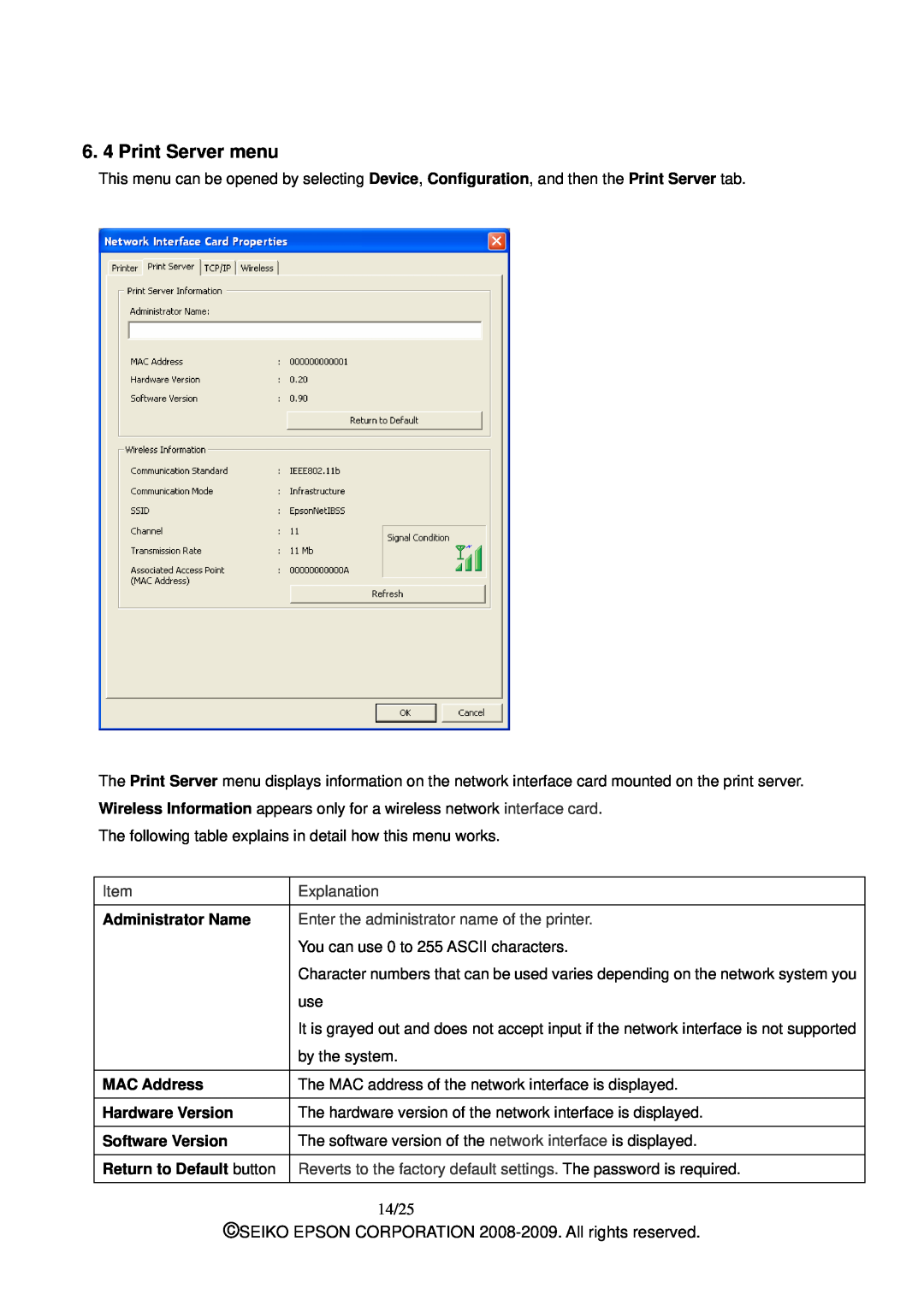 Epson M00001901 manual 6. 4 Print Server menu, 14/25, Administrator Name MAC Address Hardware Version 