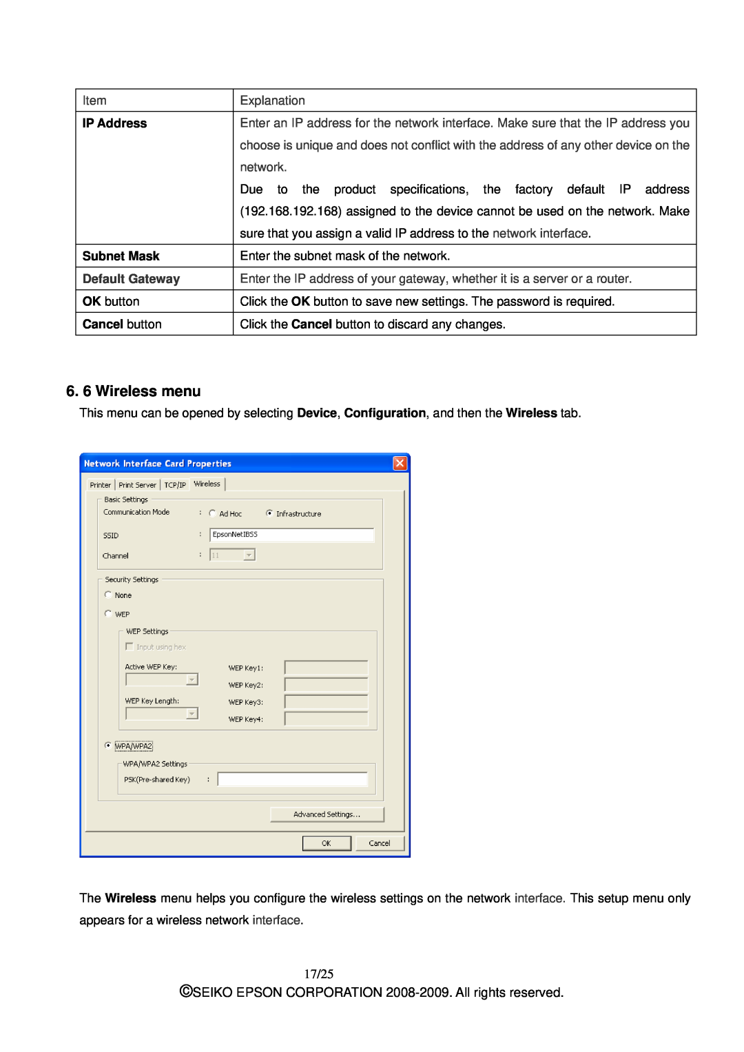 Epson M00001901 manual 6. 6 Wireless menu, 17/25, IP Address Subnet Mask, Cancel button 