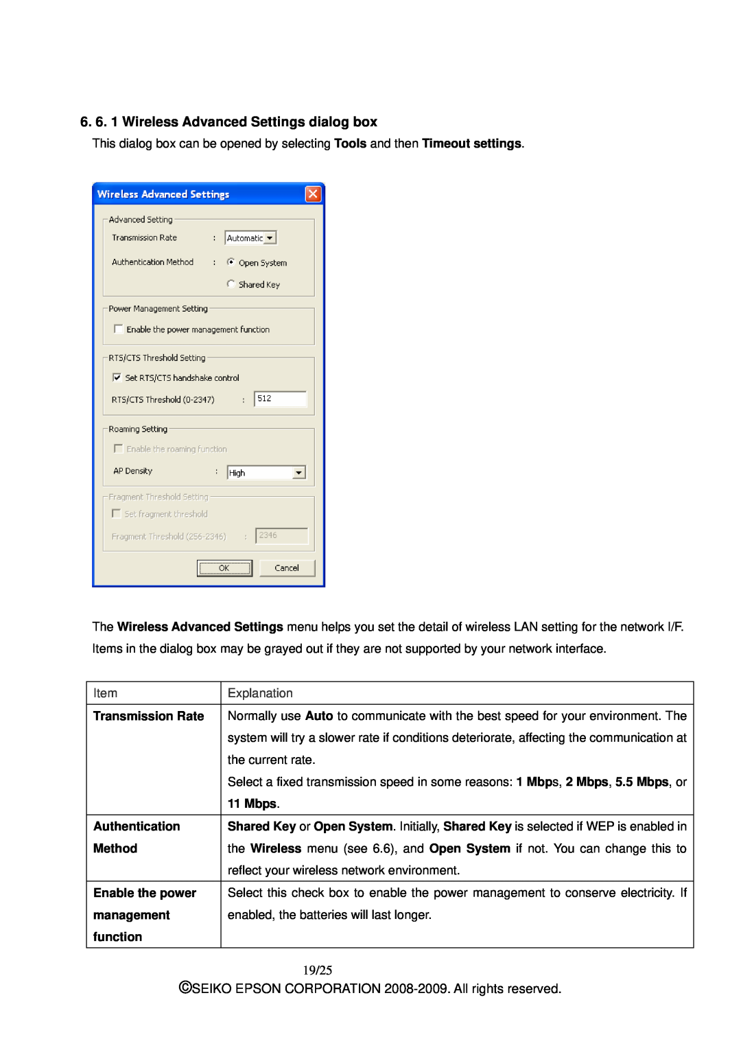 Epson M00001901 manual 6. 6. 1 Wireless Advanced Settings dialog box, 19/25, Transmission Rate Authentication Method 