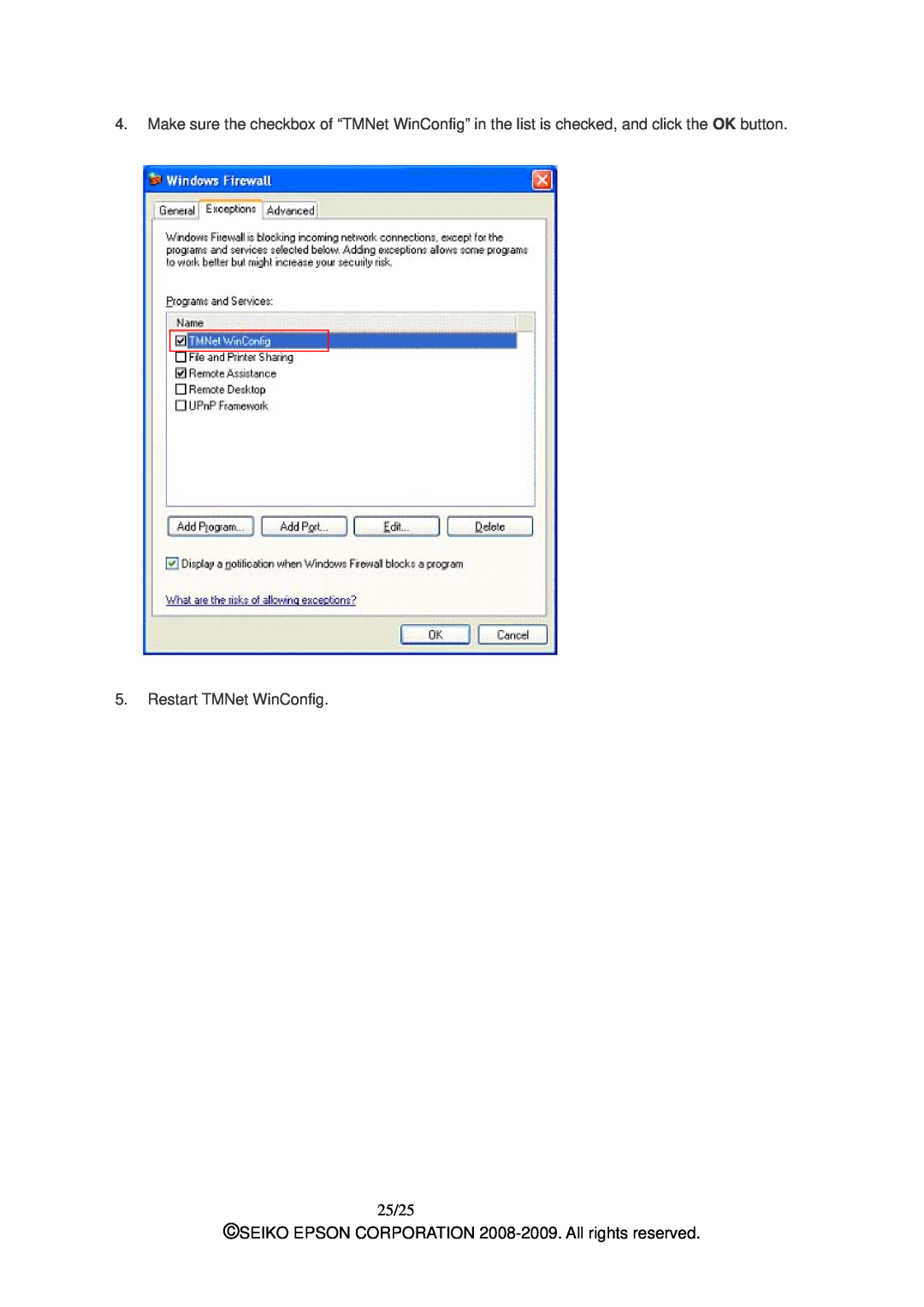 Epson M00001901 manual 25/25, Restart TMNet WinConfig 