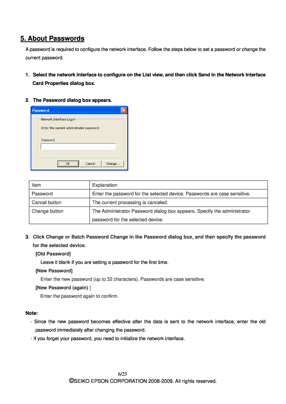 Epson M00001901 manual About Passwords, 6/25, 2．The Password dialog box appears 