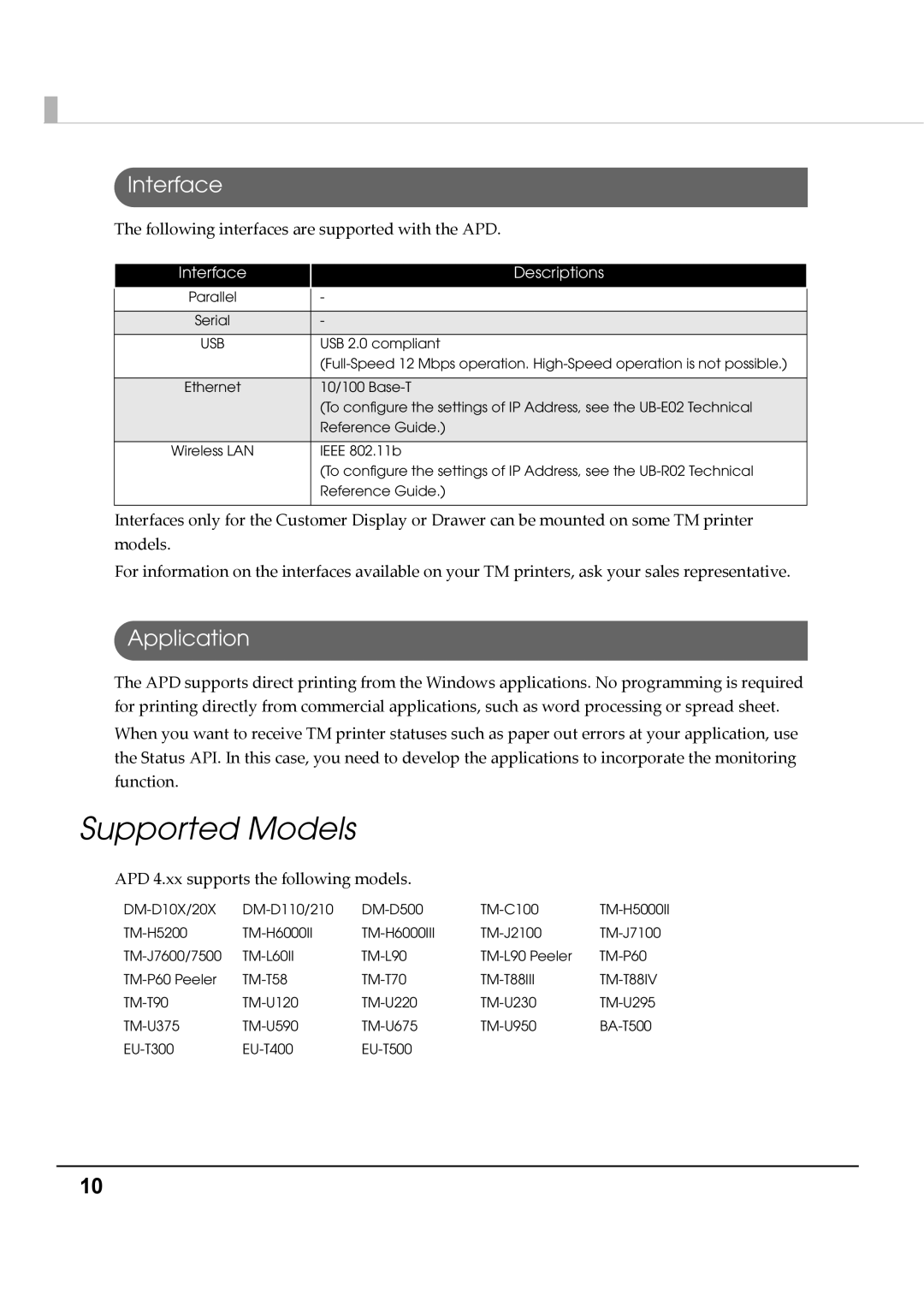 Epson M00002104 install manual Supported Models, Interface, Application 