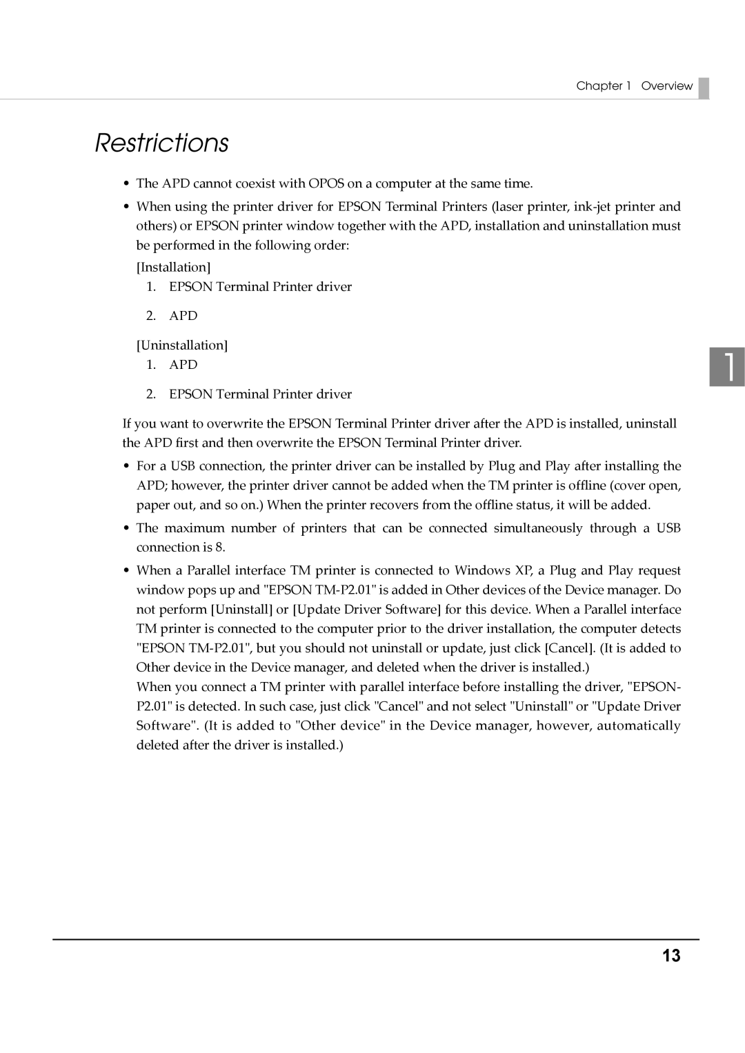 Epson M00002104 install manual Restrictions, Apd 