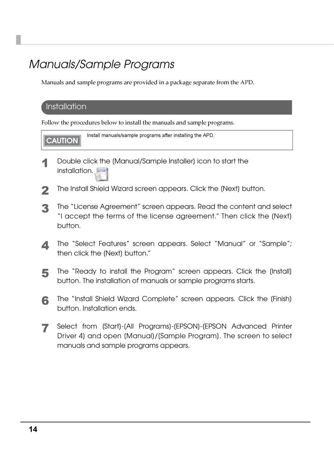 Epson M00002104 install manual Manuals/Sample Programs, Installation 