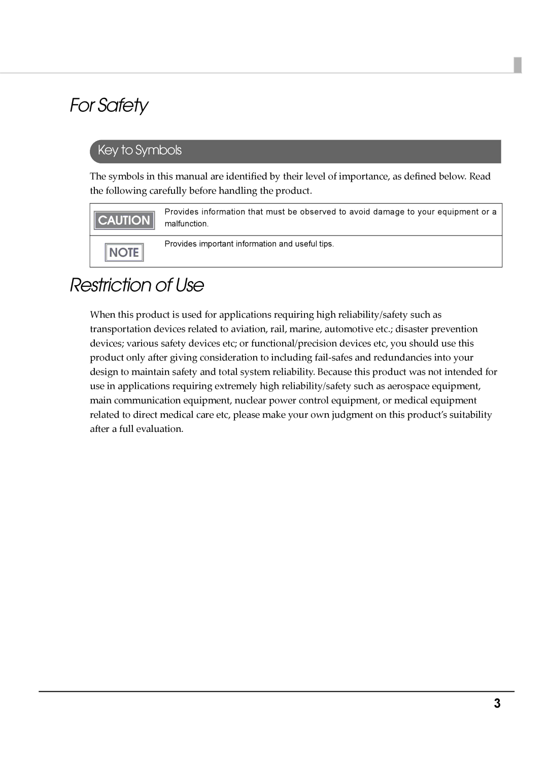 Epson M00002104 install manual For Safety, Restriction of Use, Key to Symbols 