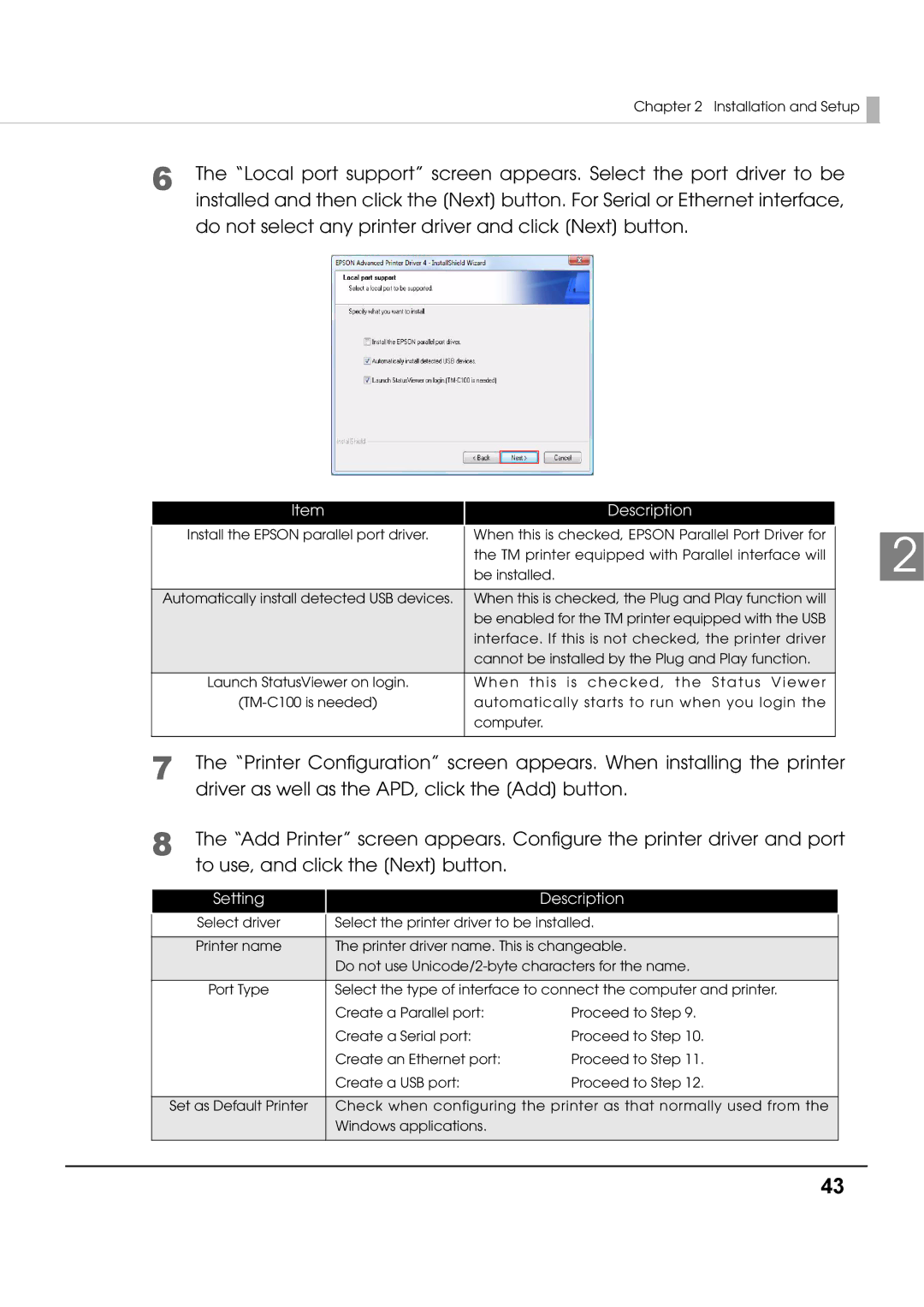 Epson M00002104 install manual Setting Description 