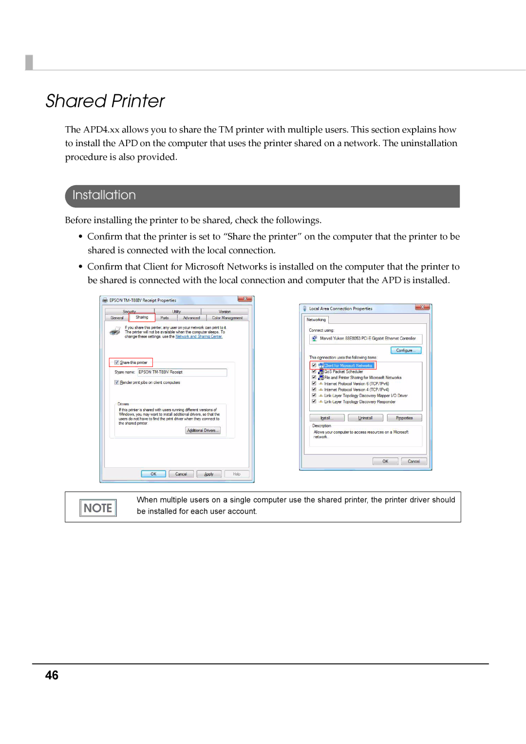 Epson M00002104 install manual Shared Printer, Installation 