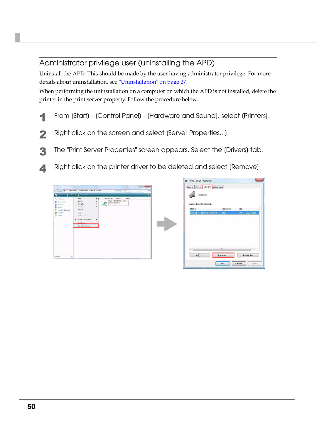 Epson M00002104 install manual Administrator privilege user uninstalling the APD 