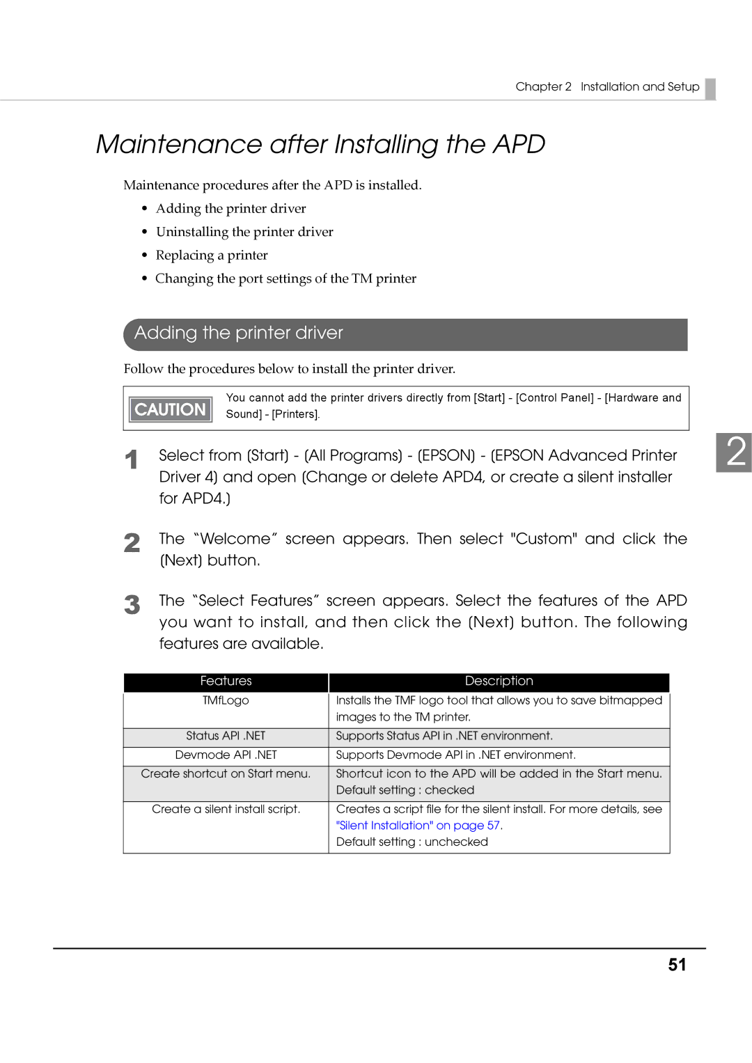 Epson M00002104 install manual Maintenance after Installing the APD, Adding the printer driver 