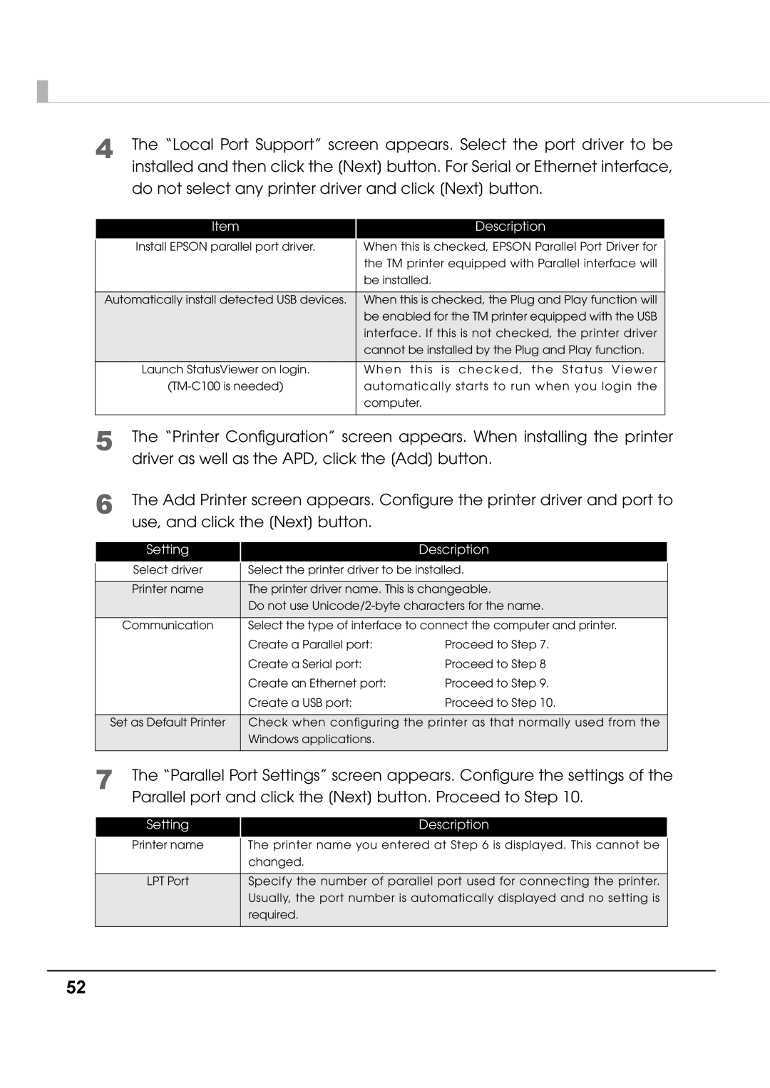 Epson M00002104 install manual Setting Description 