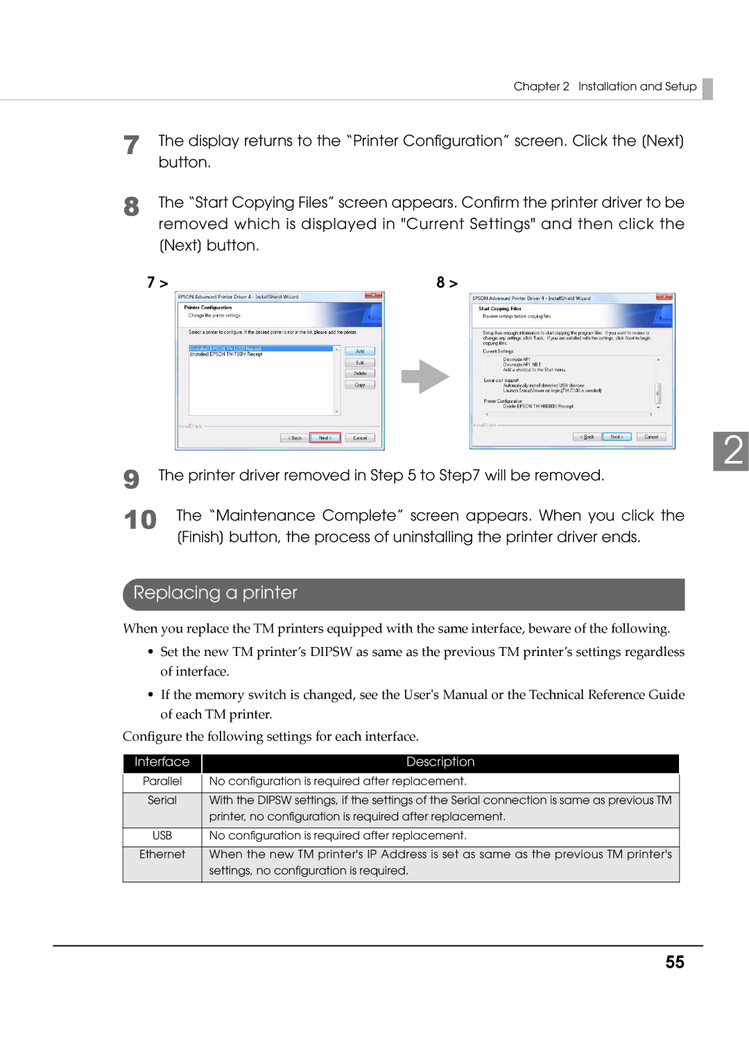 Epson M00002104 install manual Replacing a printer, Interface Description 