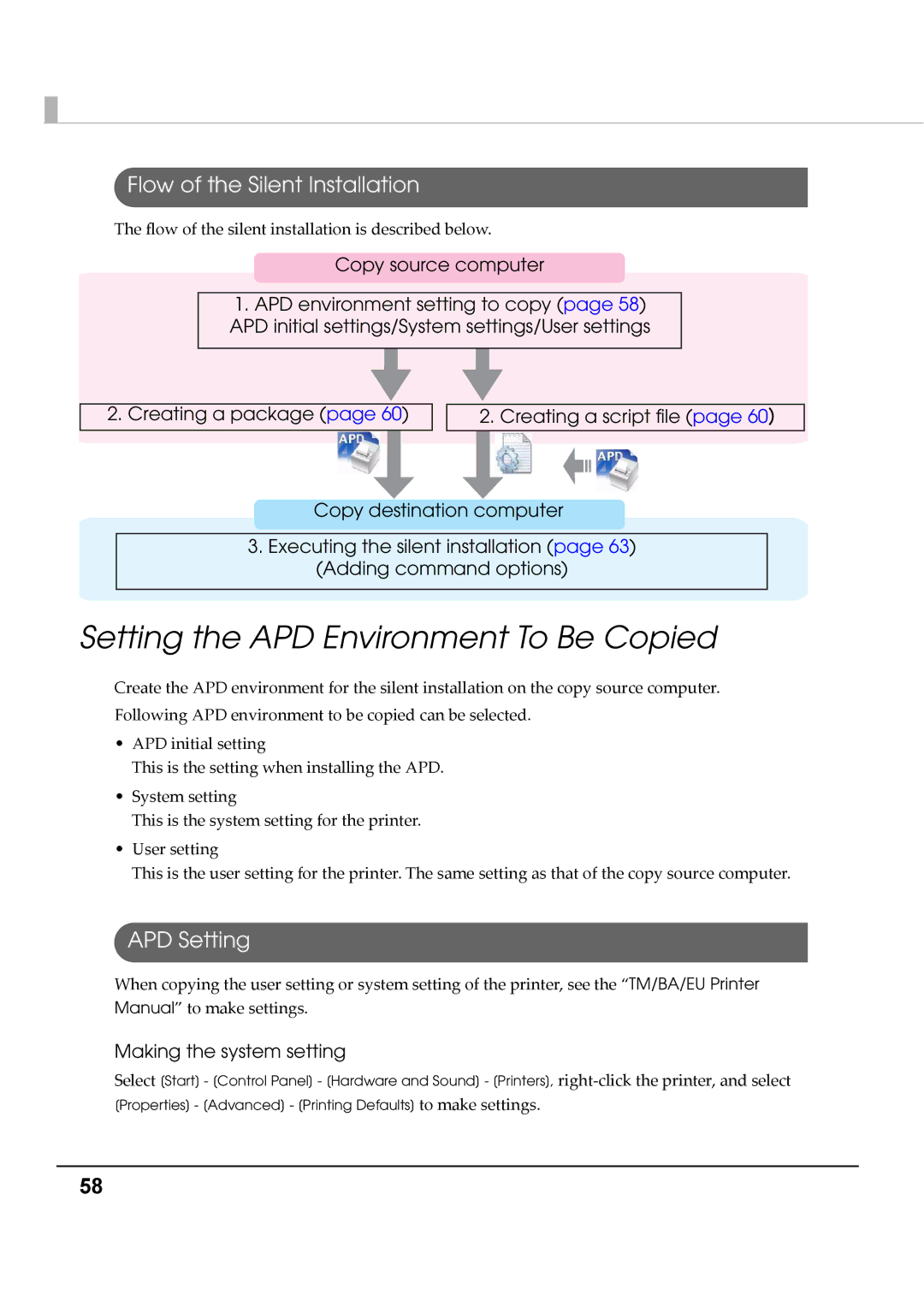 Epson M00002104 install manual Setting the APD Environment To Be Copied, Flow of the Silent Installation, APD Setting 