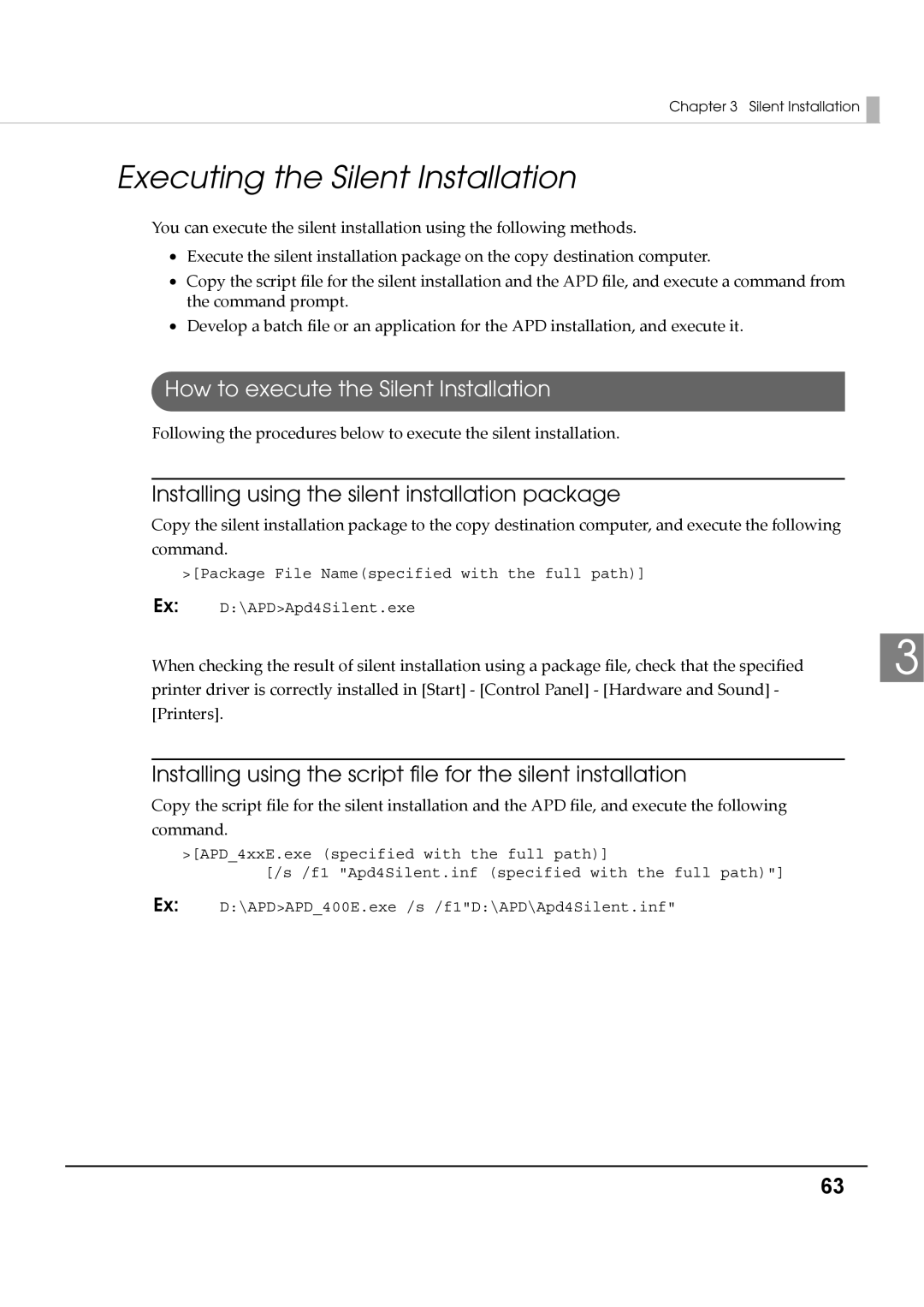 Epson M00002104 install manual Executing the Silent Installation, How to execute the Silent Installation 