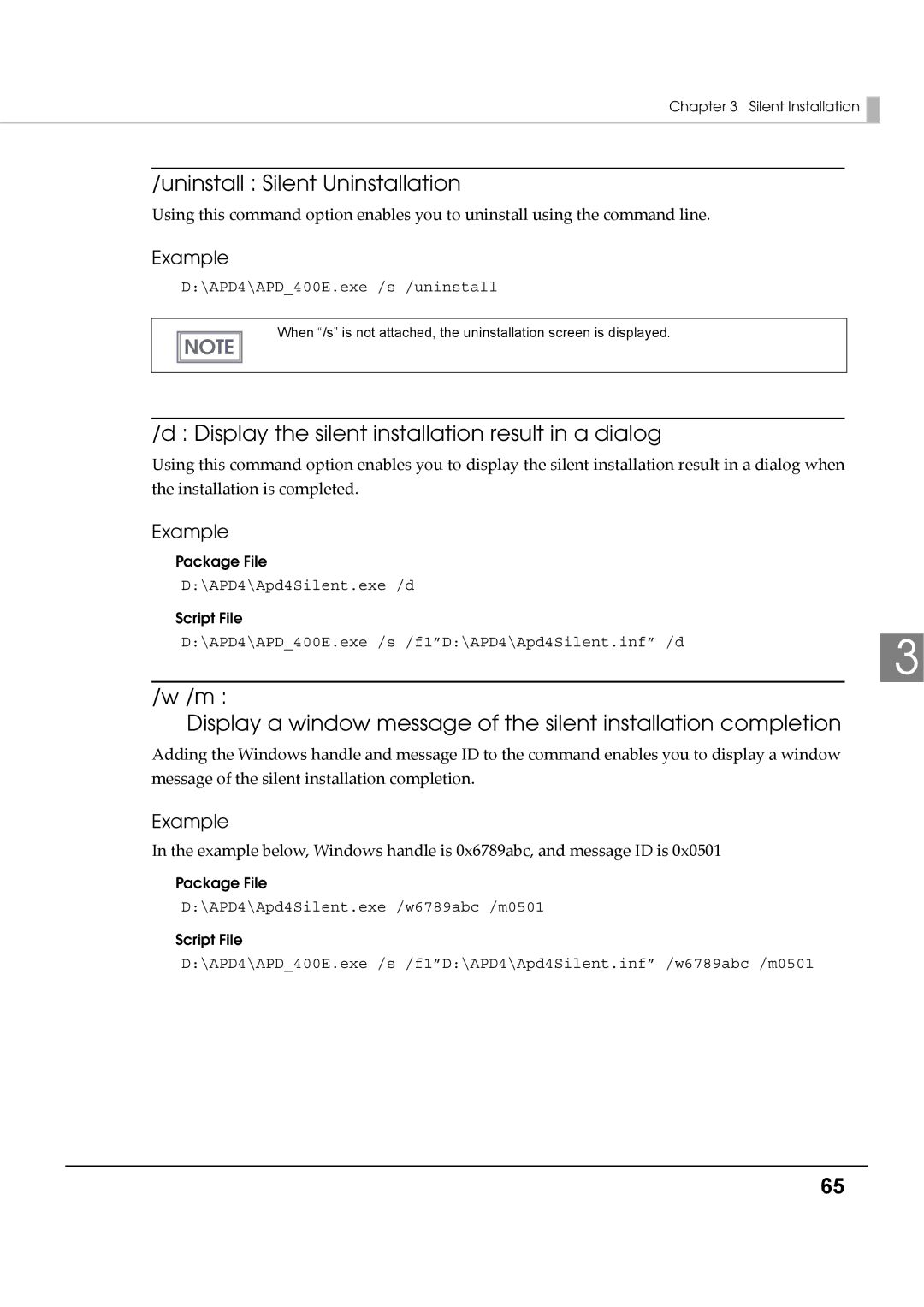 Epson M00002104 install manual Uninstall Silent Uninstallation, Display the silent installation result in a dialog 