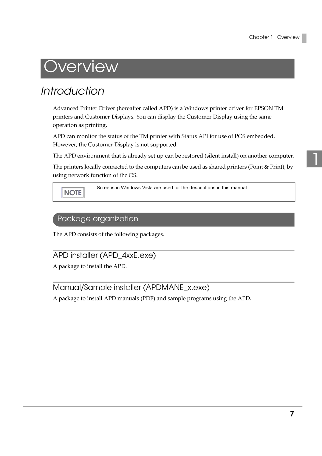 Epson M00002104 Introduction, Package organization, APD installer APD4xxE.exe, Manual/Sample installer APDMANEx.exe 