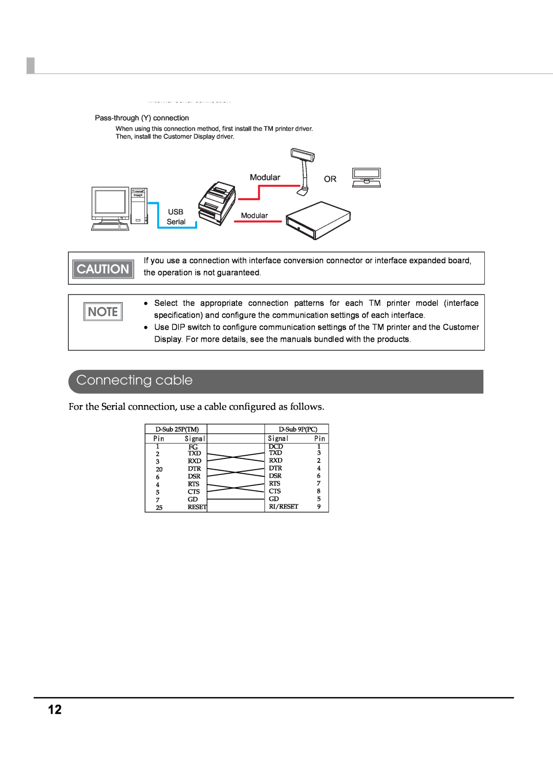 Epson M00002104 install manual Connecting cable, For the Serial connection, use a cable configured as follows 