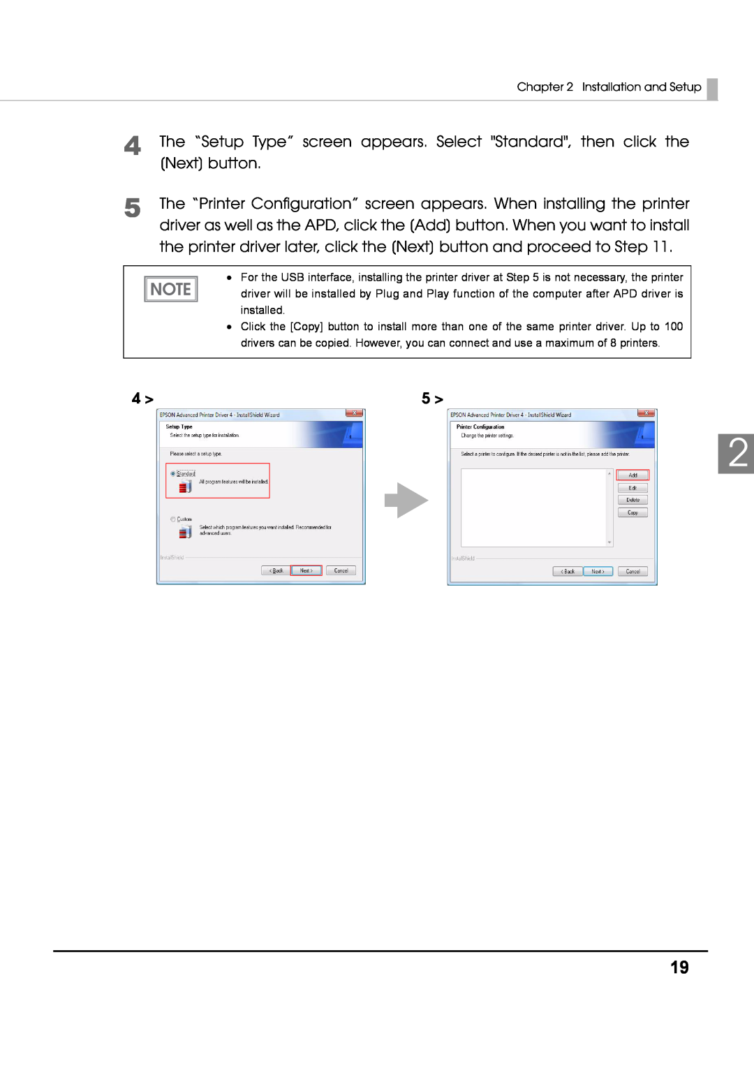 Epson M00002104 install manual The “Setup Type” screen appears. Select Standard, then click the Next button 