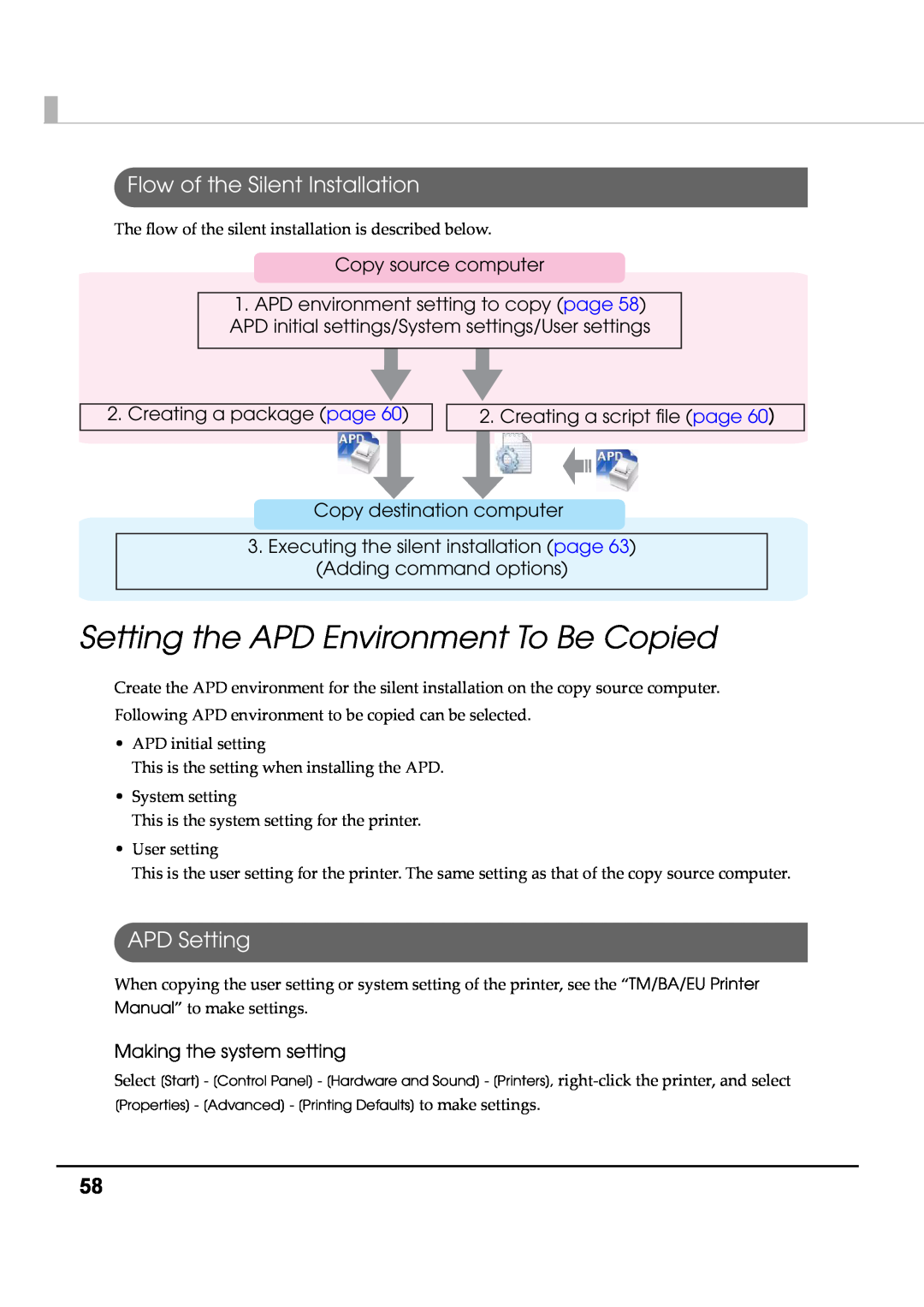 Epson M00002104 install manual Setting the APD Environment To Be Copied, Flow of the Silent Installation, APD Setting 