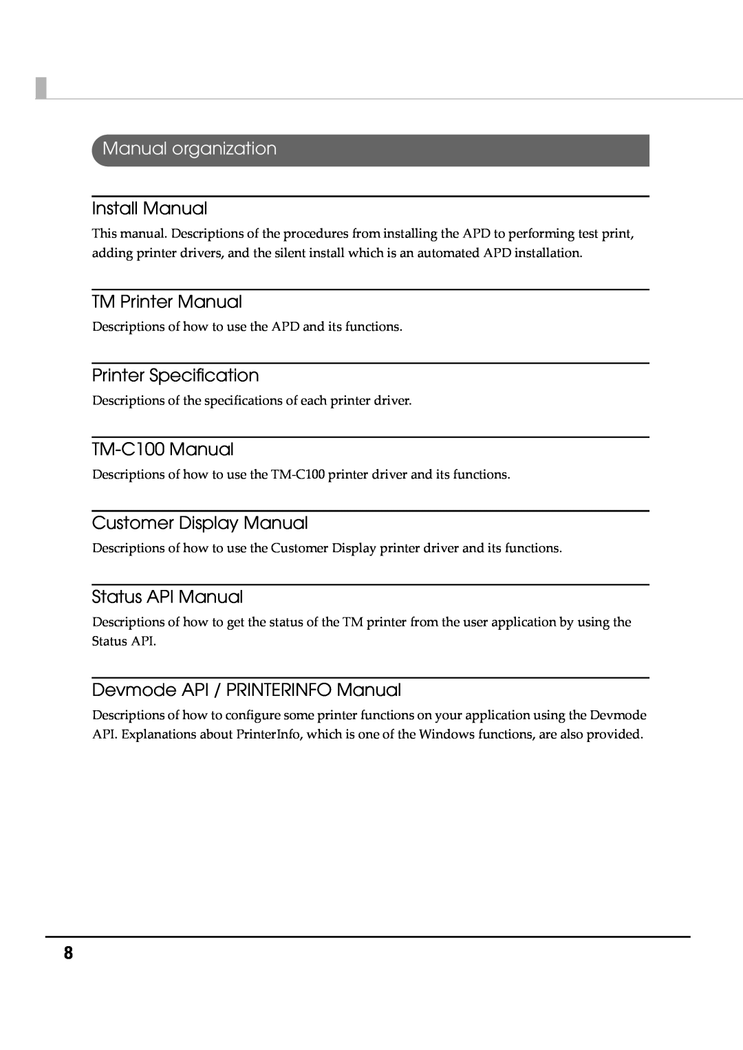 Epson M00002104 Manual organization, Install Manual, TM Printer Manual, Printer Specification, TM-C100 Manual 