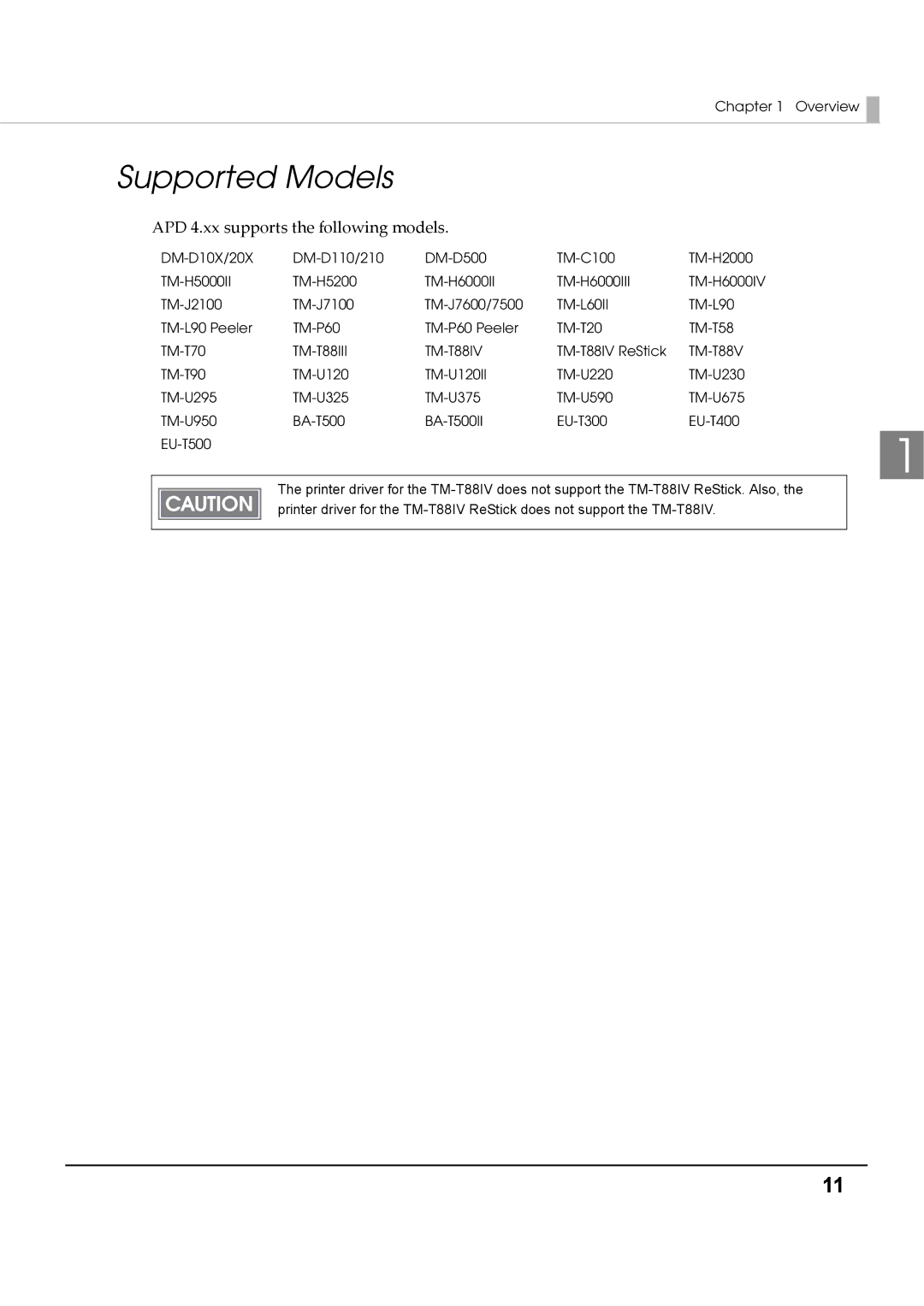 Epson M00002112 install manual Supported Models, APD 4.xx supports the following models 