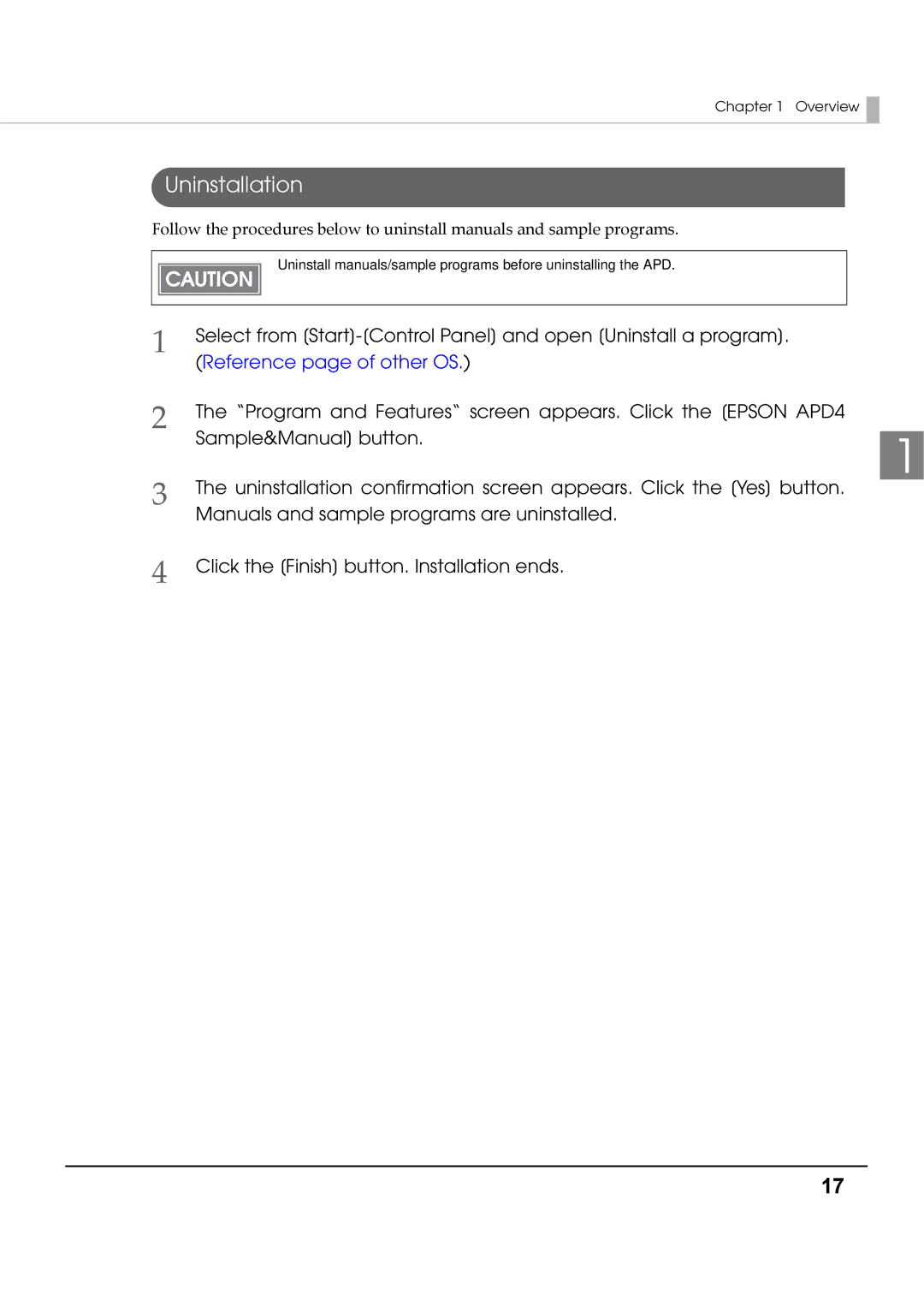 Epson M00002112 install manual Uninstallation, Reference page of other OS 