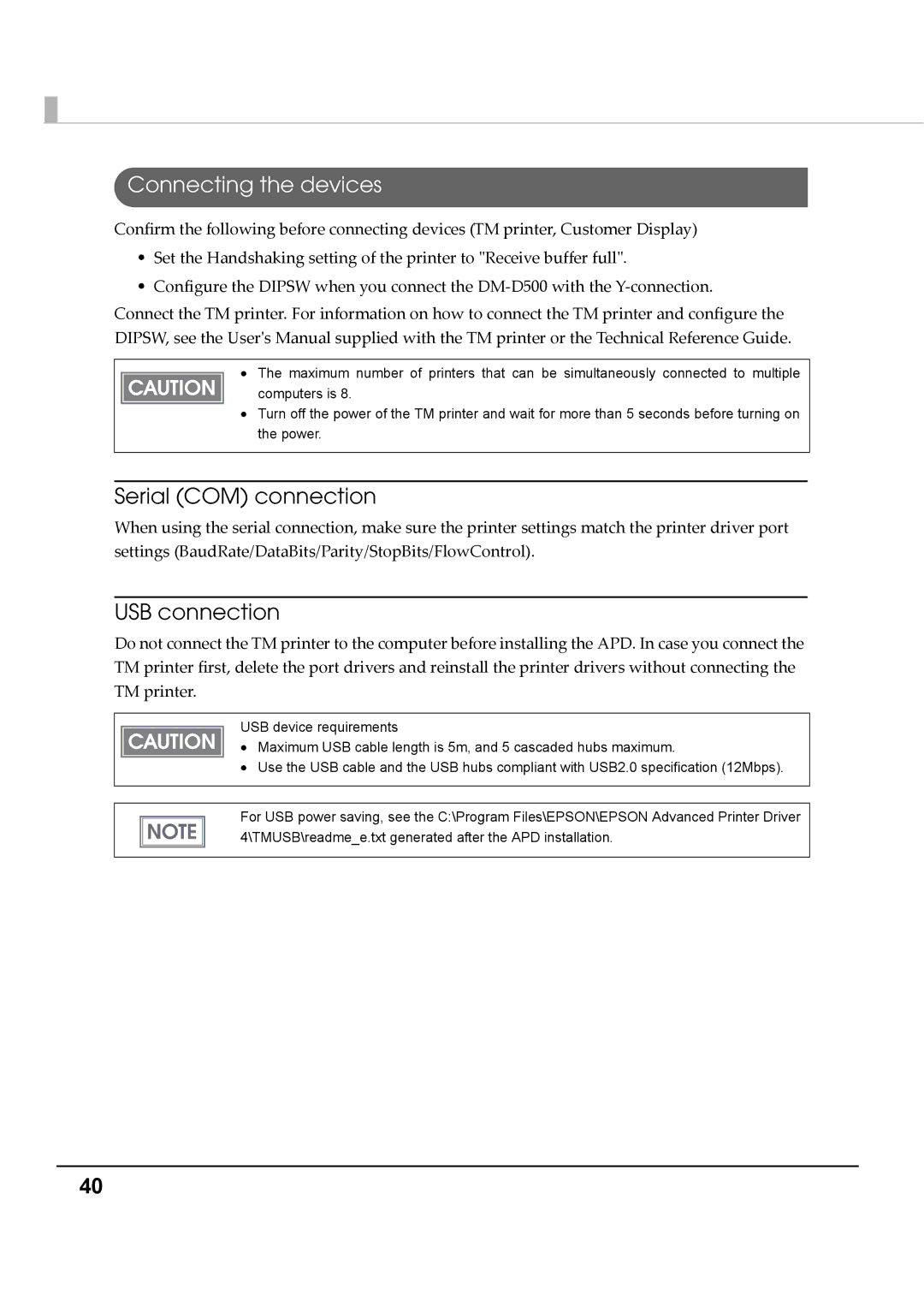 Epson M00002112 install manual Connecting the devices, Serial COM connection 