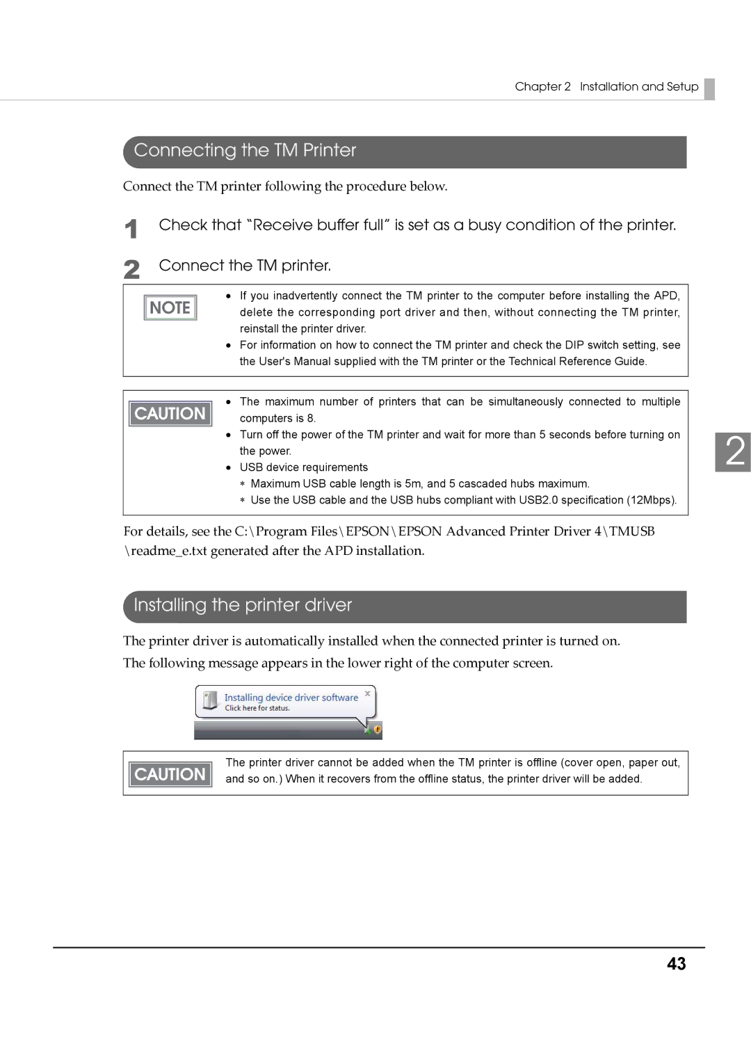 Epson M00002112 install manual Installing the printer driver, Connect the TM printer 