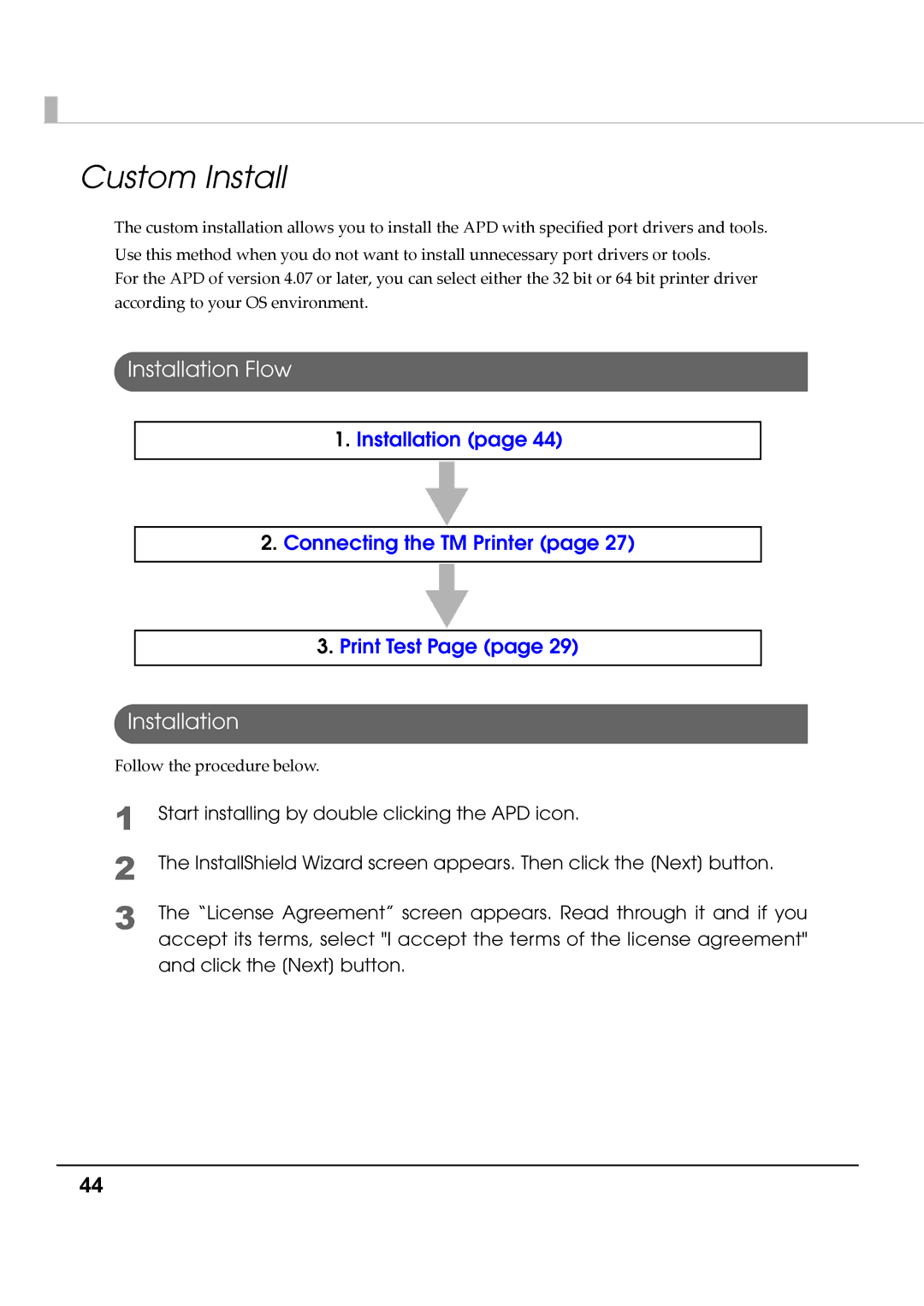 Epson M00002112 install manual Custom Install, Installation 