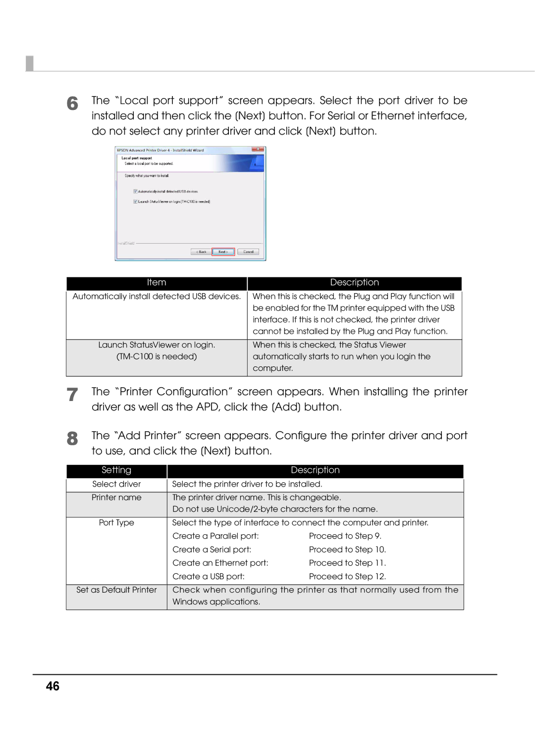 Epson M00002112 install manual Setting Description 