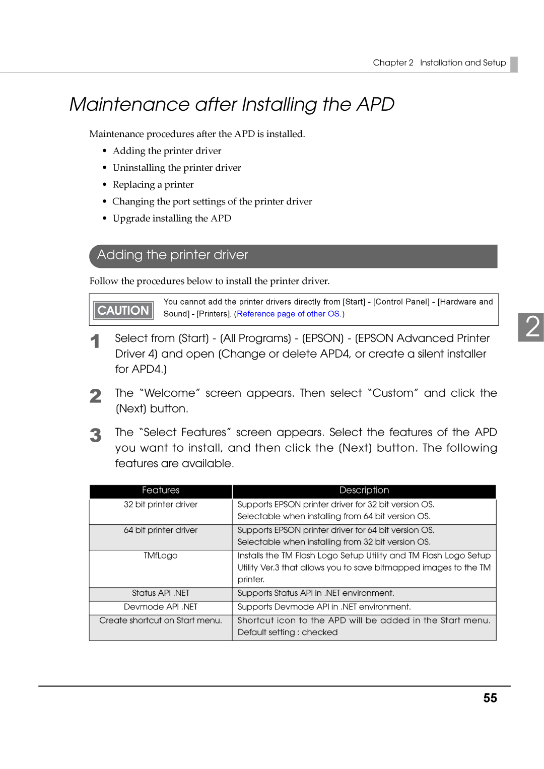 Epson M00002112 install manual Maintenance after Installing the APD, Adding the printer driver 