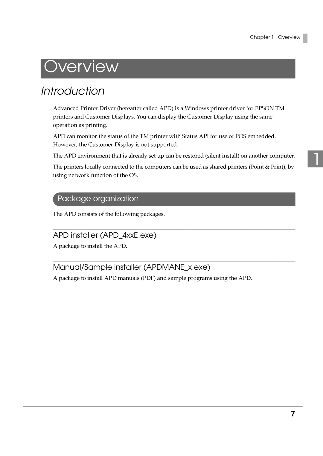 Epson M00002112 Introduction, Package organization, APD installer APD4xxE.exe, Manual/Sample installer APDMANEx.exe 