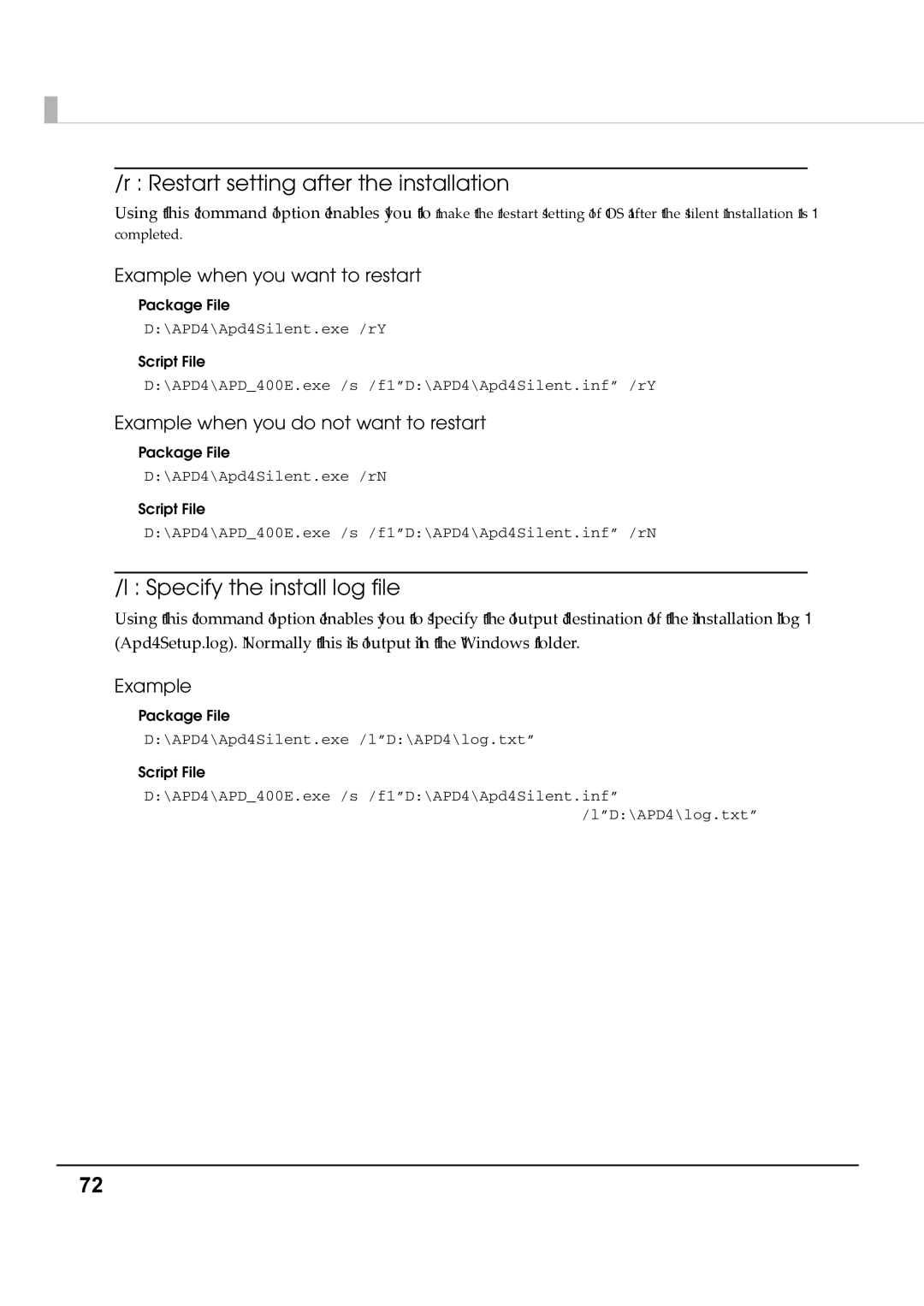 Epson M00002112 install manual Restart setting after the installation, Specify the install log file 