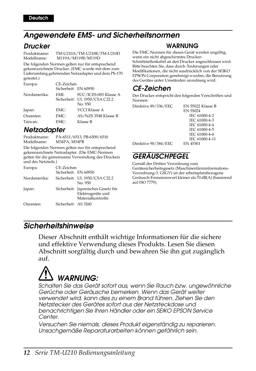 Epson TM-U210 Series, M119B, M119D, M119A, TM-U210B Angewendete EMS- und Sicherheitsnormen, Sicherheitshinweise, Warnung 