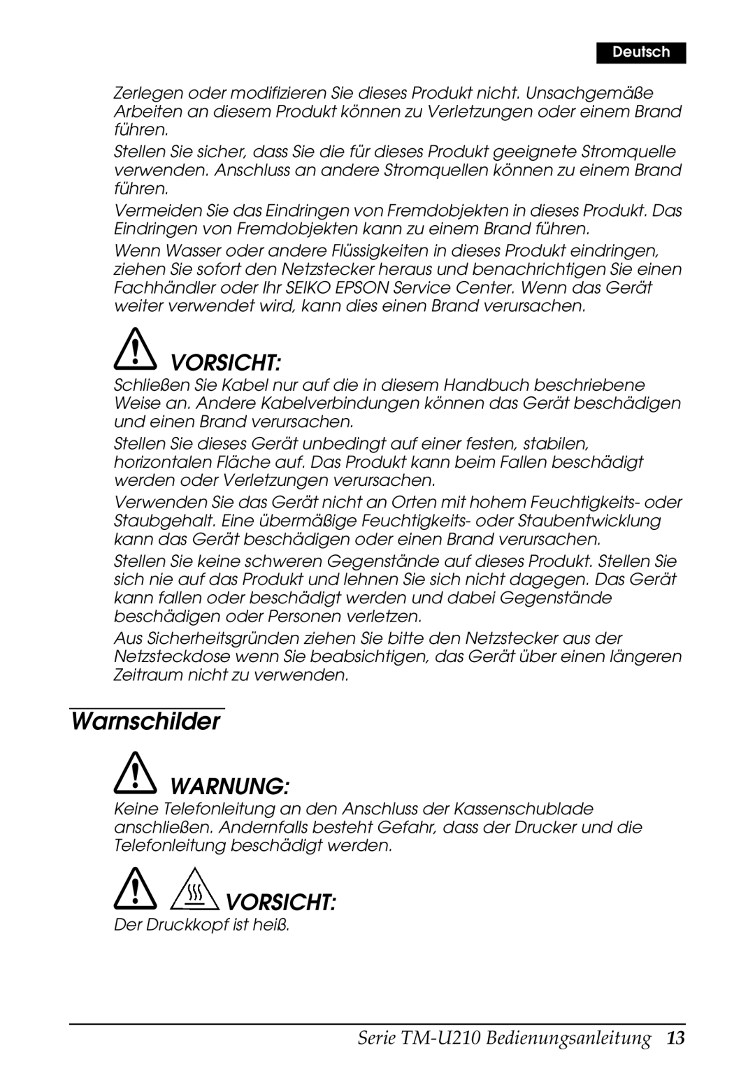 Epson M119B, M119D, M119A, TM-U210B, TM-U210 Series user manual Warnschilder, Vorsicht 