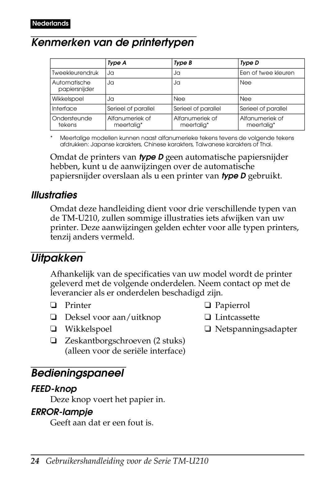 Epson M119D, M119B, M119A, TM-U210B, TM-U210 Series Kenmerken van de printertypen, Uitpakken, Bedieningspaneel, Illustraties 