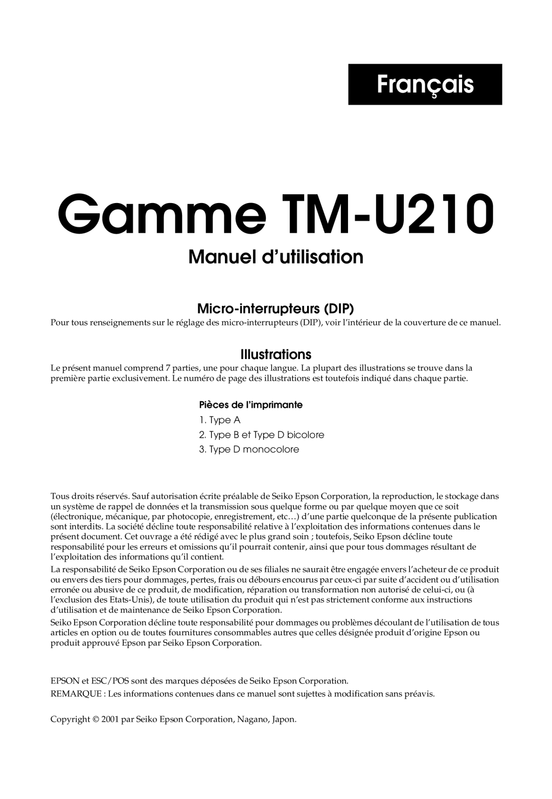 Epson M119D, M119B, M119A, TM-U210B, TM-U210 Series user manual Manuel dutilisation de l’imprimante Gamme TM-U210 