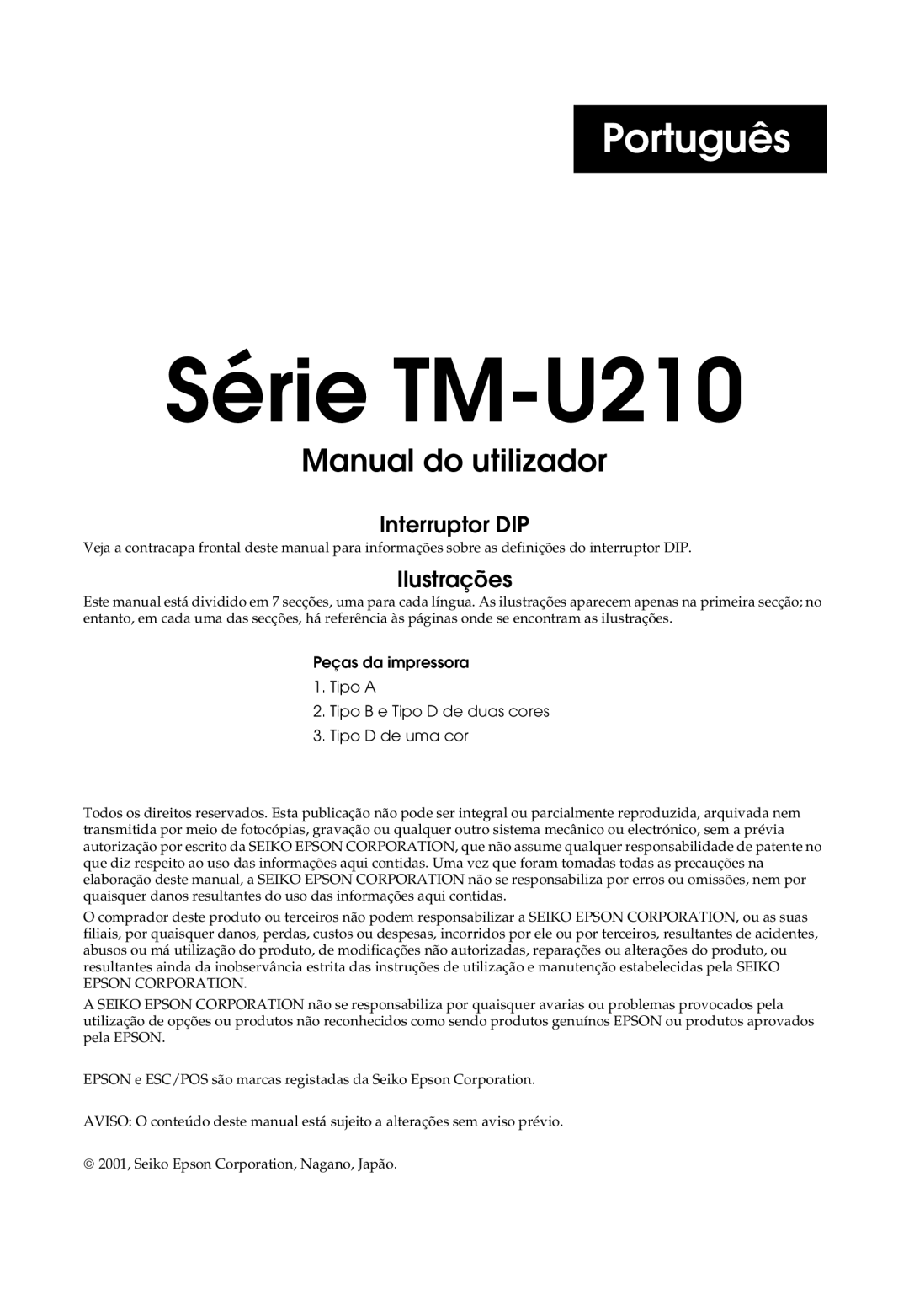 Epson TM-U210 Series, M119B, M119D, M119A, TM-U210B user manual Série TM-U210 Manual do utilizador 