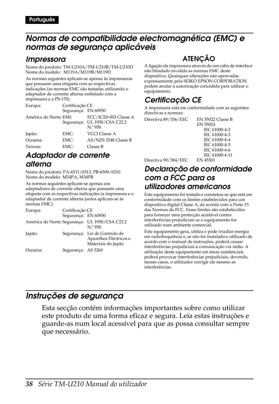 Epson M119B, M119D, M119A, TM-U210B Instruções de segurança, Impressora, Adaptador de corrente alterna, Certificação CE 